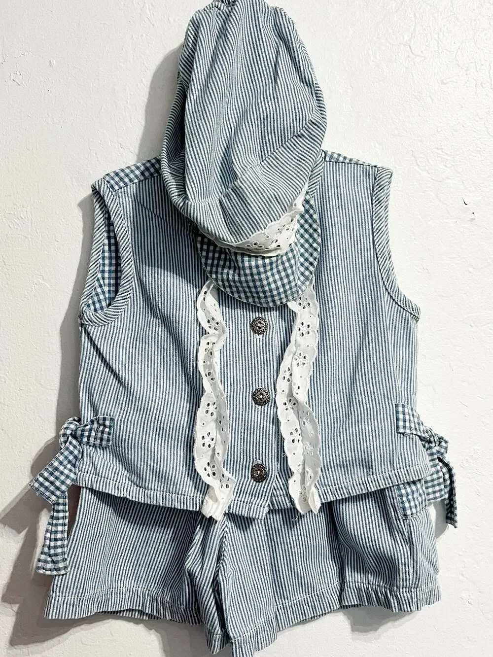 VTG Cupid USA Top Short Hat Toddler 1-2 3pc Set Stripe Eyelet Blue Gingham 90s